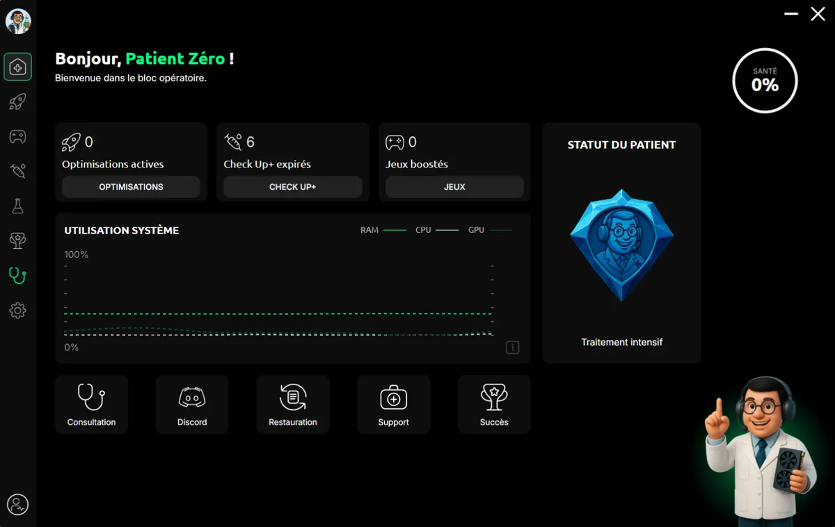 FPSDoctor dashboard interface showing performance metrics and optimization tools