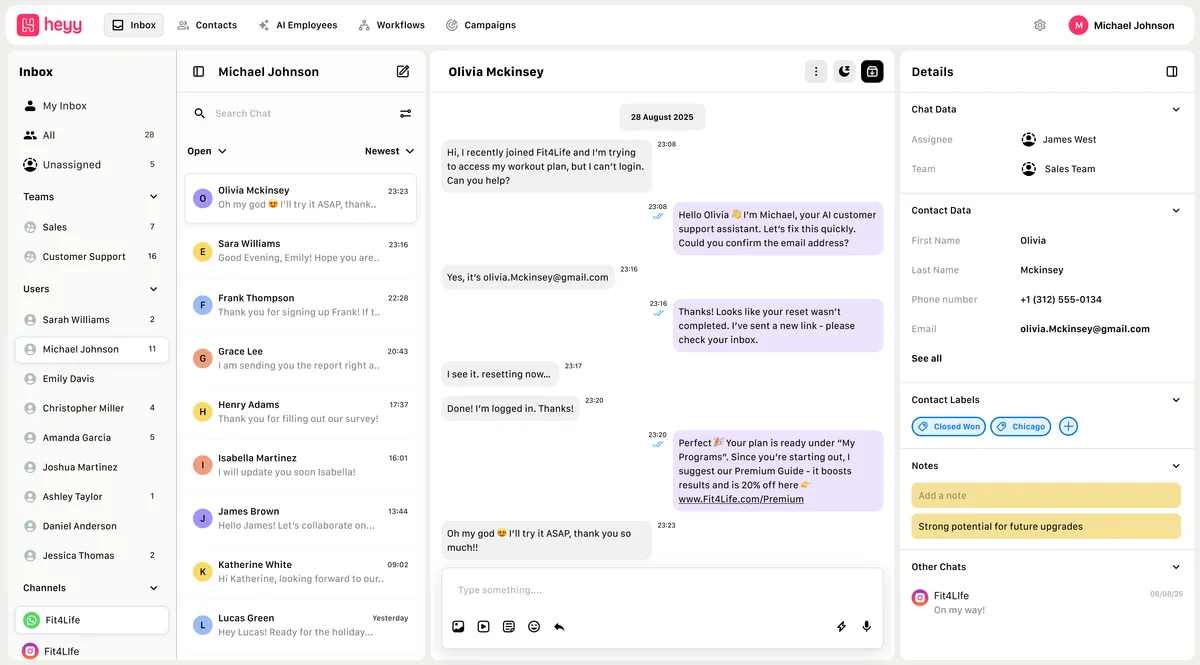 Heyy Inbox interface - unified customer messaging dashboard